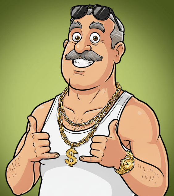 Desenho do personagem Tio da Promo Oficial usando óculos escuros e cordão de cifrão